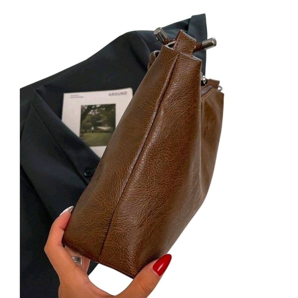 Brown Faux Leather Shoulder Bag Hobo Style Knot Detail Top Zip Closure - Picture 3 of 8
